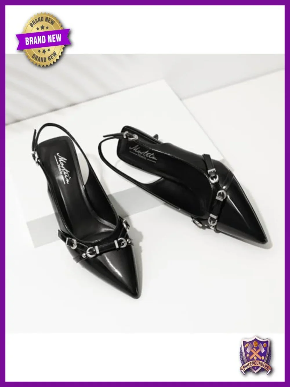 Kitten Heels Pointed Toe Pumps Patent Leather Slingback Buckle Dress Shoes